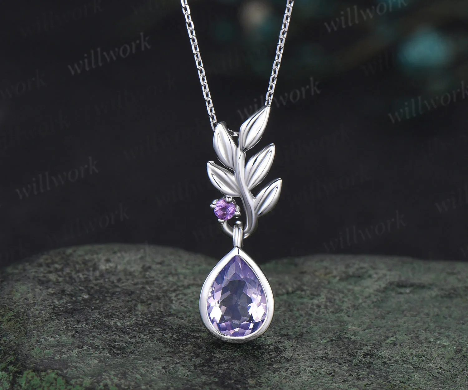 Pear cut Lavender Amethyst necklace white gold two stone leaf unique pendant women anniversary bridal gift sold by Willwork Jewelry