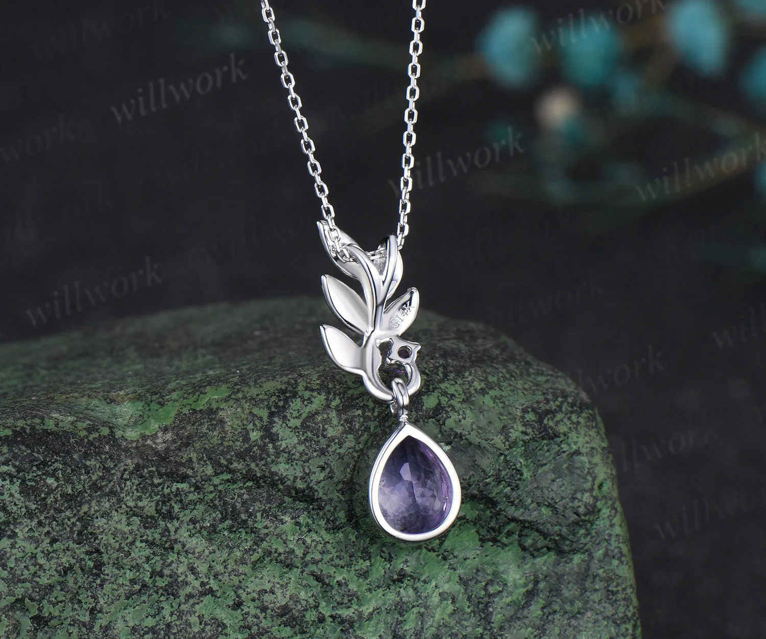 Pear cut Lavender Amethyst necklace white gold two stone leaf unique pendant women anniversary bridal gift sold by Willwork Jewelry product image thumbnail 4