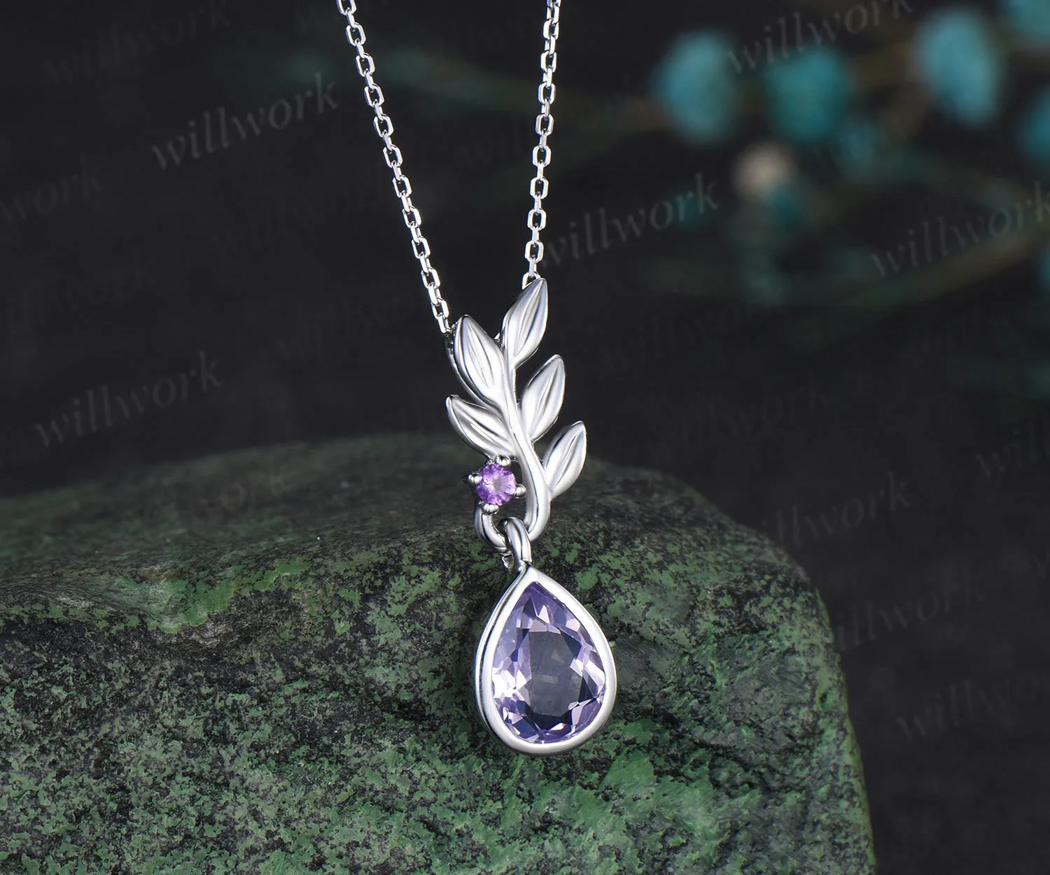 Pear cut Lavender Amethyst necklace white gold two stone leaf unique pendant women anniversary bridal gift sold by Willwork Jewelry product image thumbnail 3