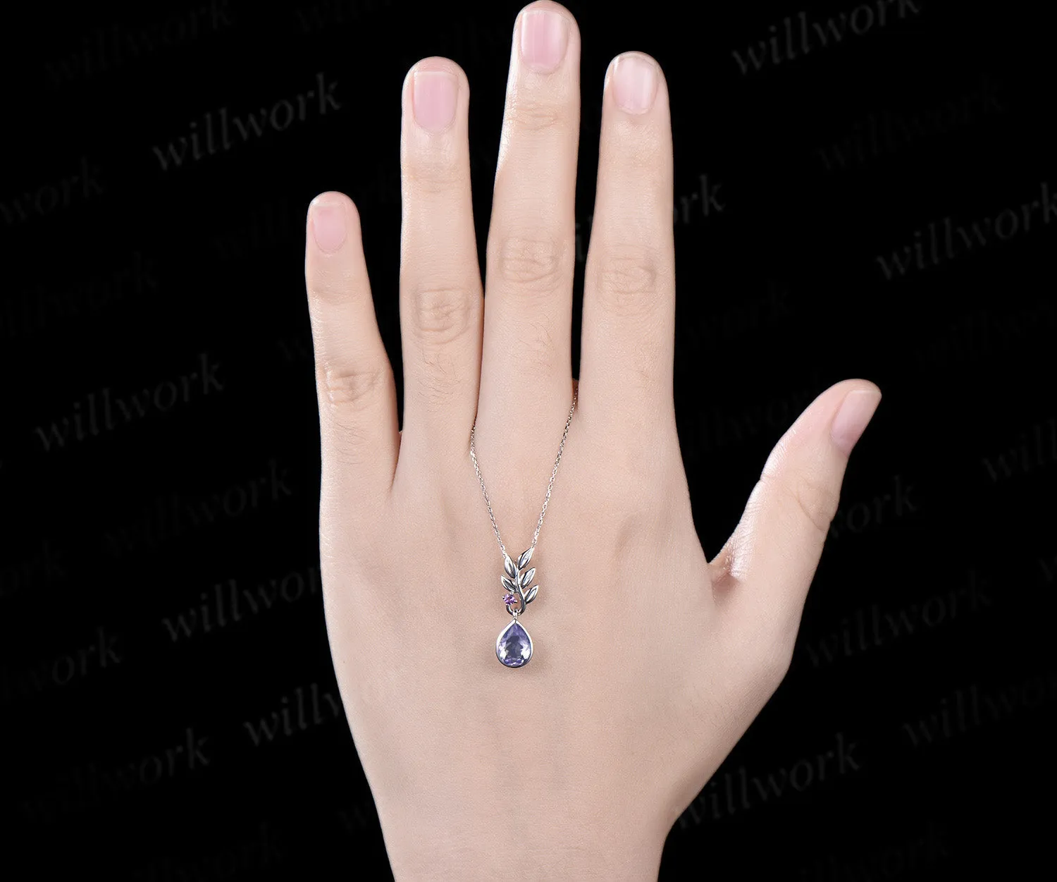 Pear cut Lavender Amethyst necklace white gold two stone leaf unique pendant women anniversary bridal gift sold by Willwork Jewelry product image thumbnail 2
