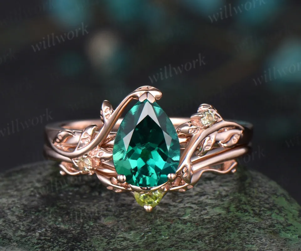 Pear cut green emerald engagement ring solid 14k rose gold leaf nature inspired three stone peridot bridal ring set women sold by Willwork Jewelry