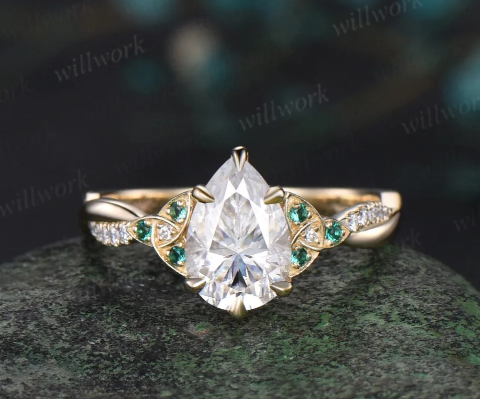 Vintage pear moissanite engagement ring solid 14k yellow gold Celtic knot emerald diamond promise wedding ring women jewelry made by Willwork Jewelry