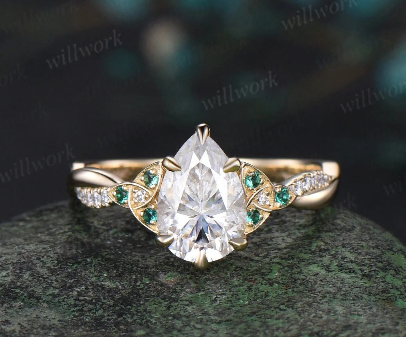 Vintage pear moissanite engagement ring solid 14k yellow gold Celtic knot emerald diamond promise wedding ring women jewelry sold by Willwork Jewelry