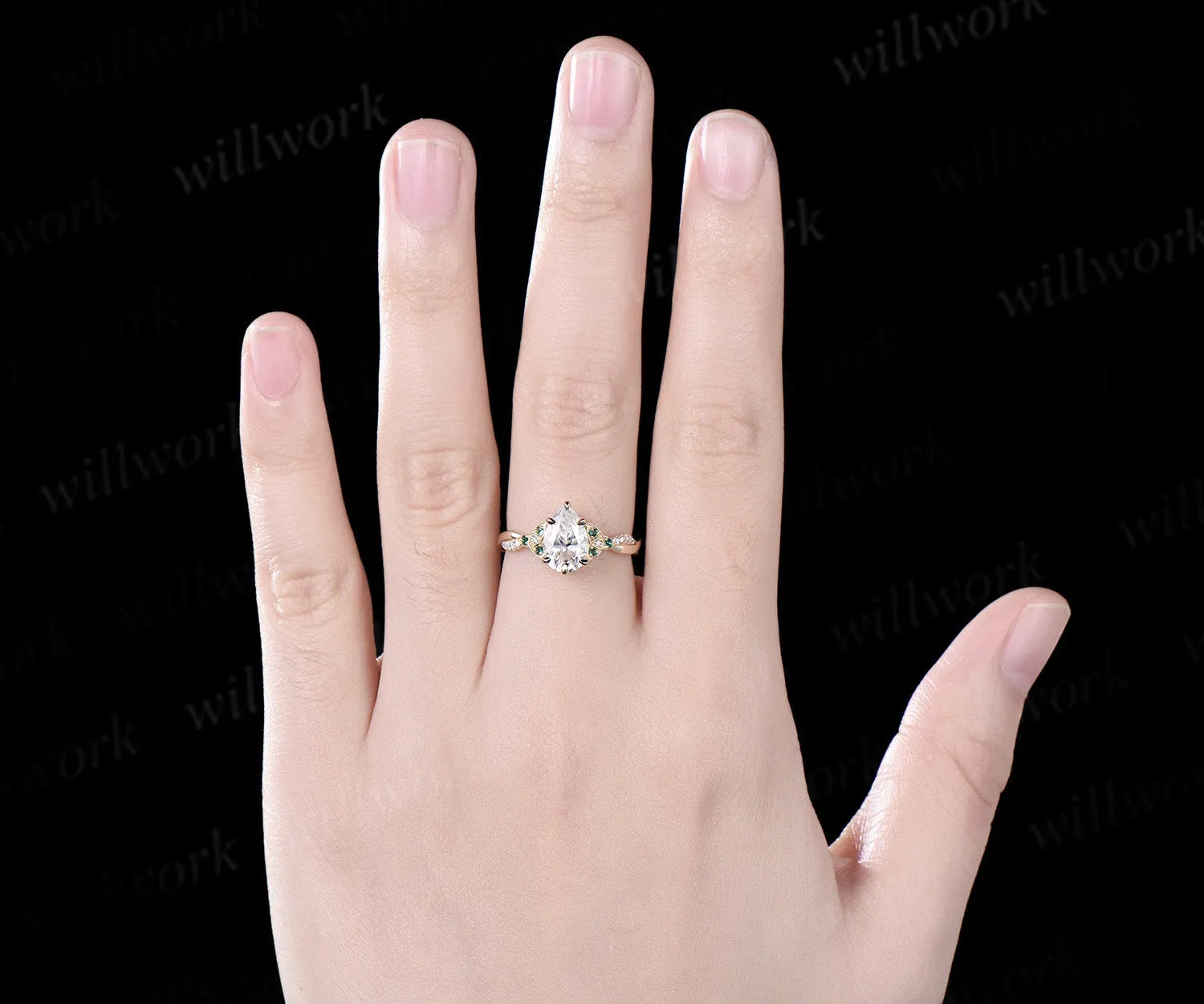 Vintage pear moissanite engagement ring solid 14k yellow gold Celtic knot emerald diamond promise wedding ring women jewelry sold by Willwork Jewelry product image thumbnail 2