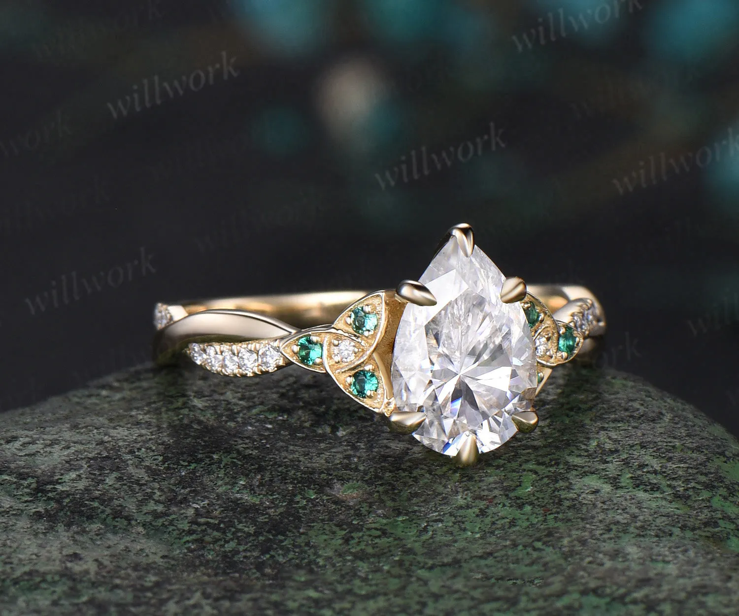 Vintage pear moissanite engagement ring solid 14k yellow gold Celtic knot emerald diamond promise wedding ring women jewelry sold by Willwork Jewelry product image thumbnail 3