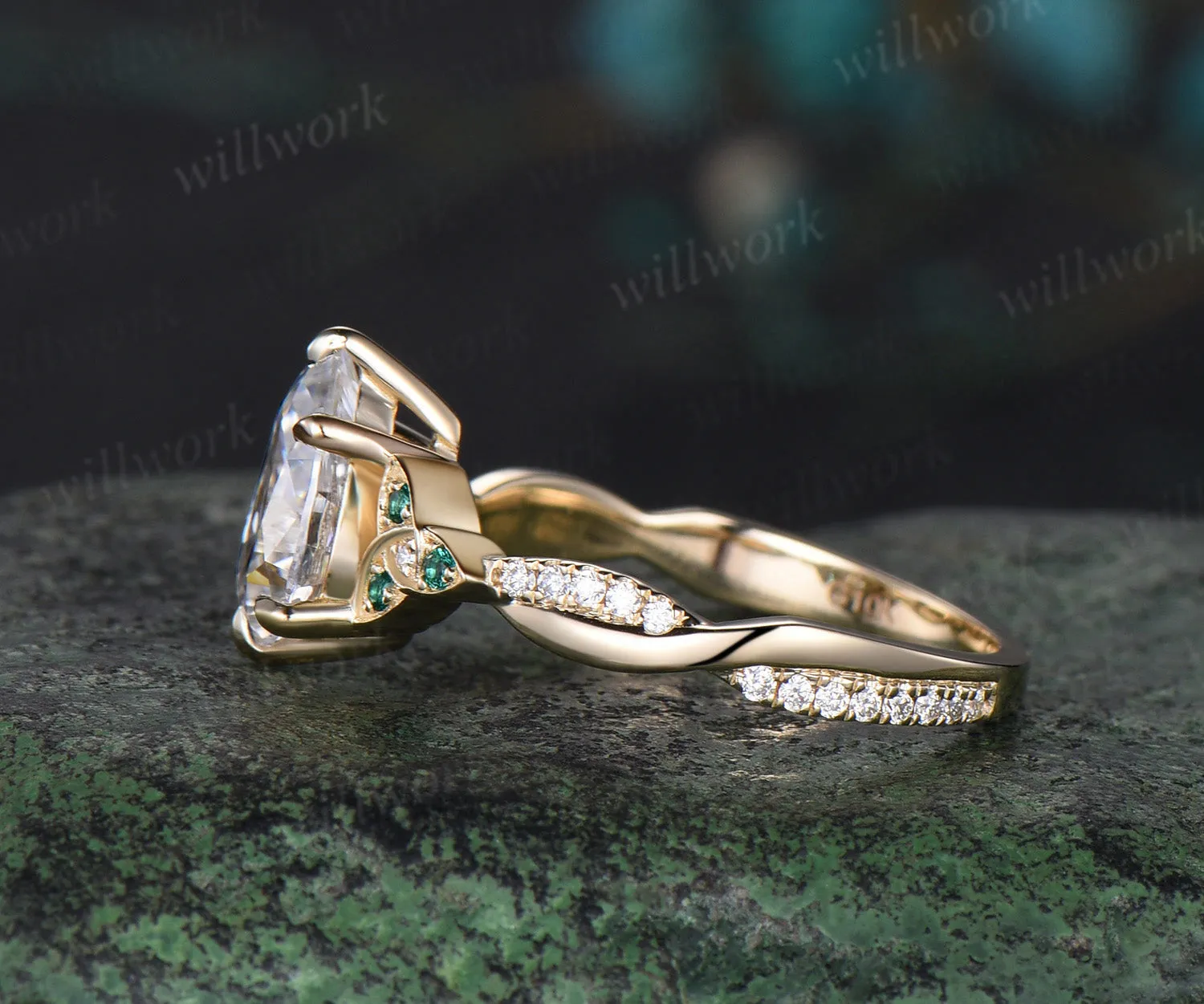 Vintage pear moissanite engagement ring solid 14k yellow gold Celtic knot emerald diamond promise wedding ring women jewelry sold by Willwork Jewelry product image thumbnail 5
