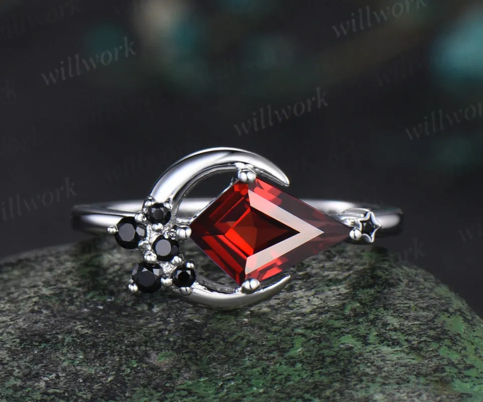 Moon kite cut red garnet engagement ring white gold East To West black spinel wedding anniversary ring gift made by Willwork Jewelry
