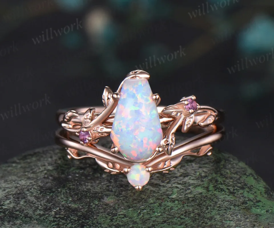 Vintage coffin white opal engagement ring rose gold leaf nature inspired amethyst ring women bridal anniversary ring set gift sold by Willwork Jewelry