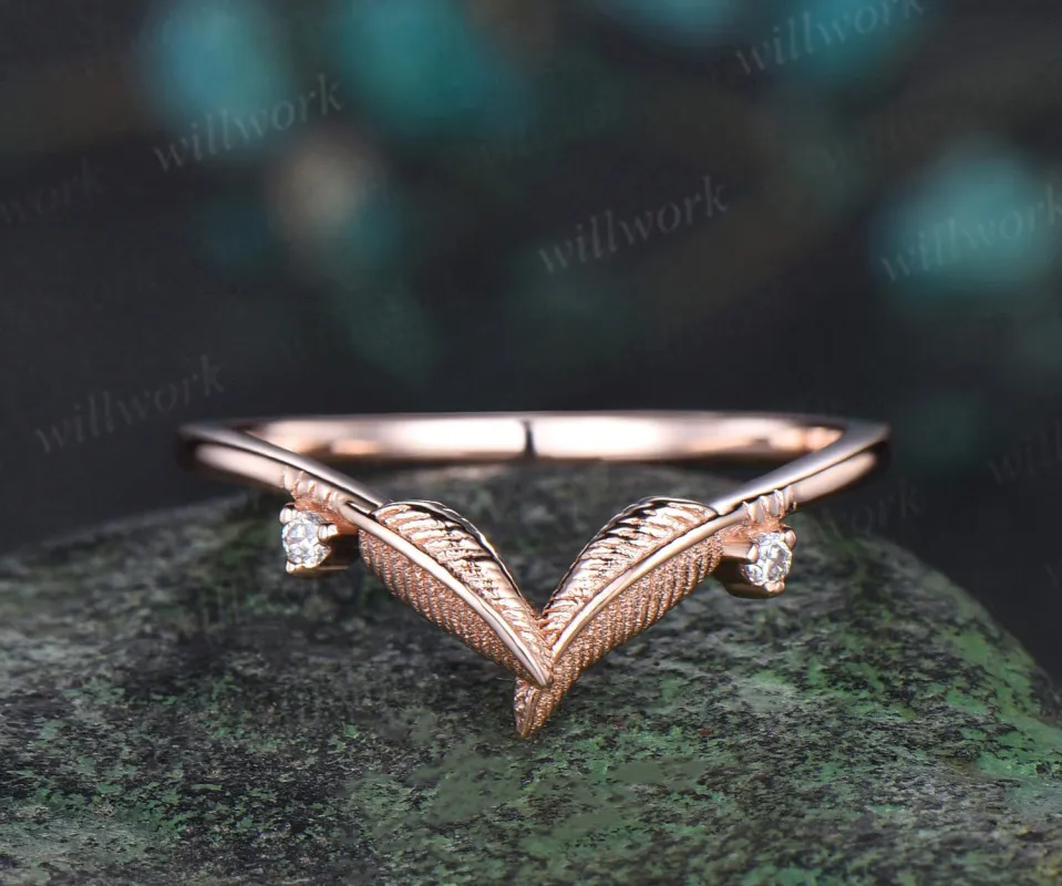Curved leaf diamond wedding band solid 14k rose gold two stone nature inspired matching stacking bridal wedding ring women sold by Willwork Jewelry
