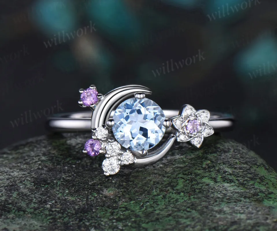 Round cut aquamarine engagement ring white gold moon amethyst ring vintage floral diamond wedding anniversary ring gift sold by Willwork Jewelry