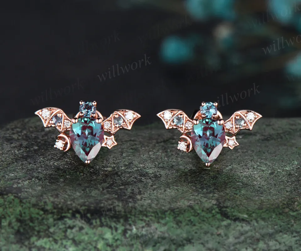 Vintage pear alexandrite stud earrings rose gold moon bat unique earrings June birthstone anniversary gift for women made by Willwork Jewelry