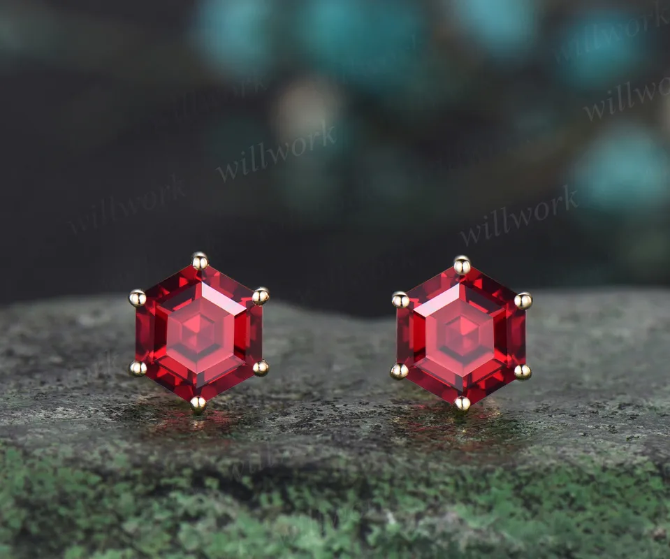 Hexagon cut red ruby stud earrings 14k yellow gold Solitaire Minimalist 6 prong earrings anniversary gift for women sold by Willwork Jewelry