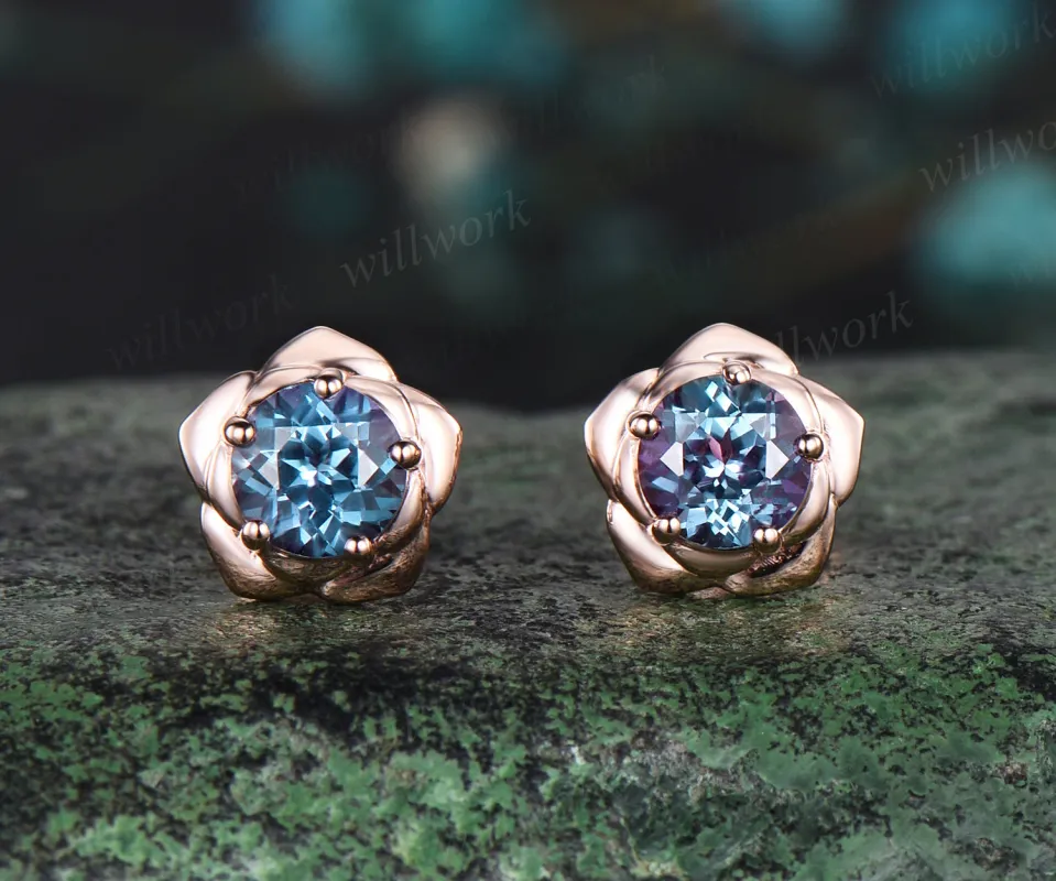 Round cut alexandrite stud earrings14k rose gold Floral flower 5 prong earrings anniversary gift for women sold by Willwork Jewelry