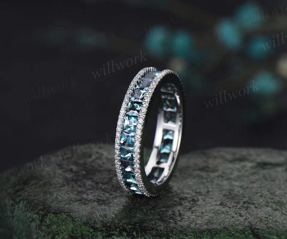 Vintage Princess Cut Alexandrite Wedding Band Full Eternity Diamond Wedding Ring white gold June Birthstone anniversary ring gift sold by Willwork Jewelry