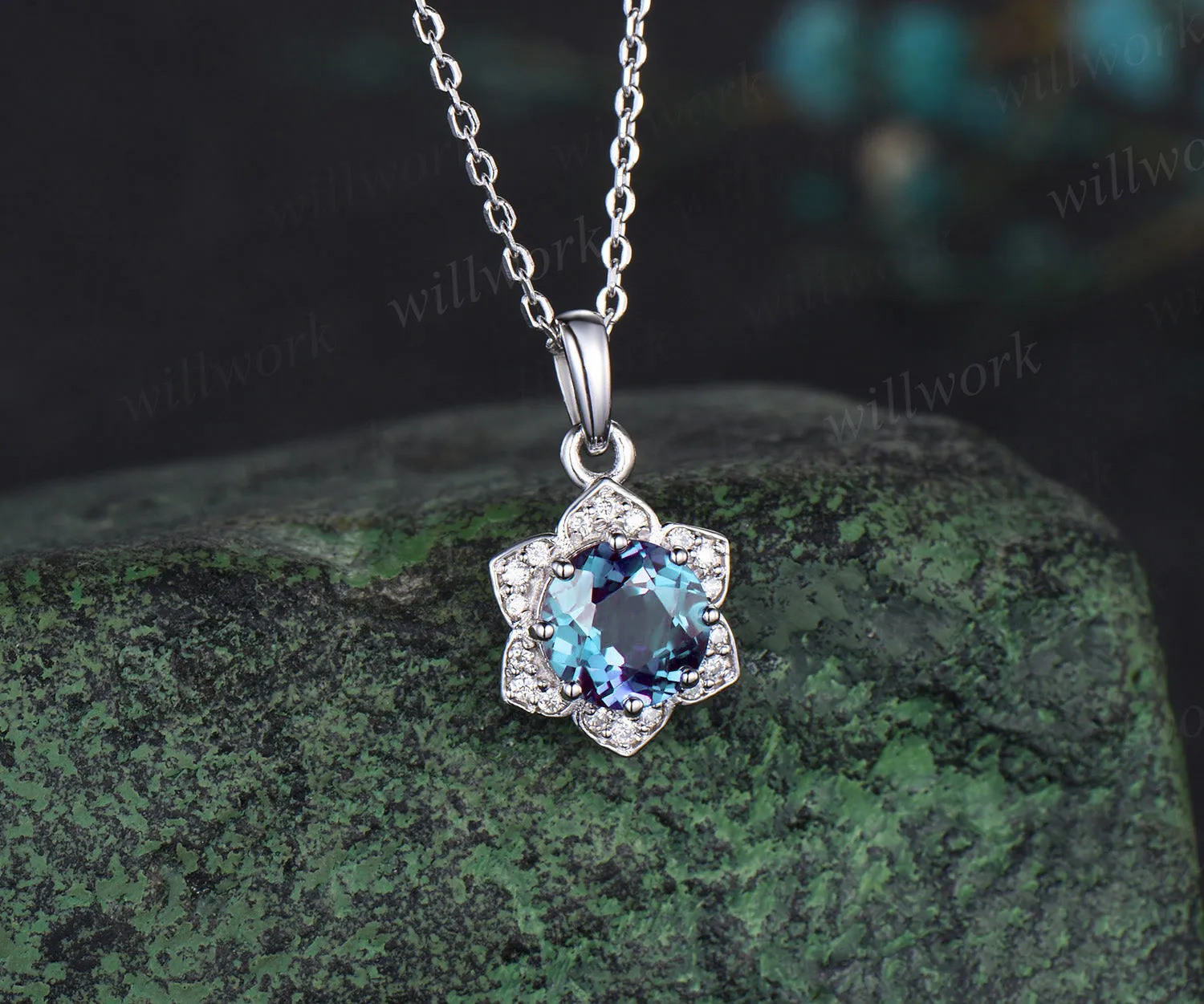 Floral round cut alexandrite necklace solid 14k white gold flower halo diamond pendant women June birthstone anniversary gift sold by Willwork Jewelry product image thumbnail 3