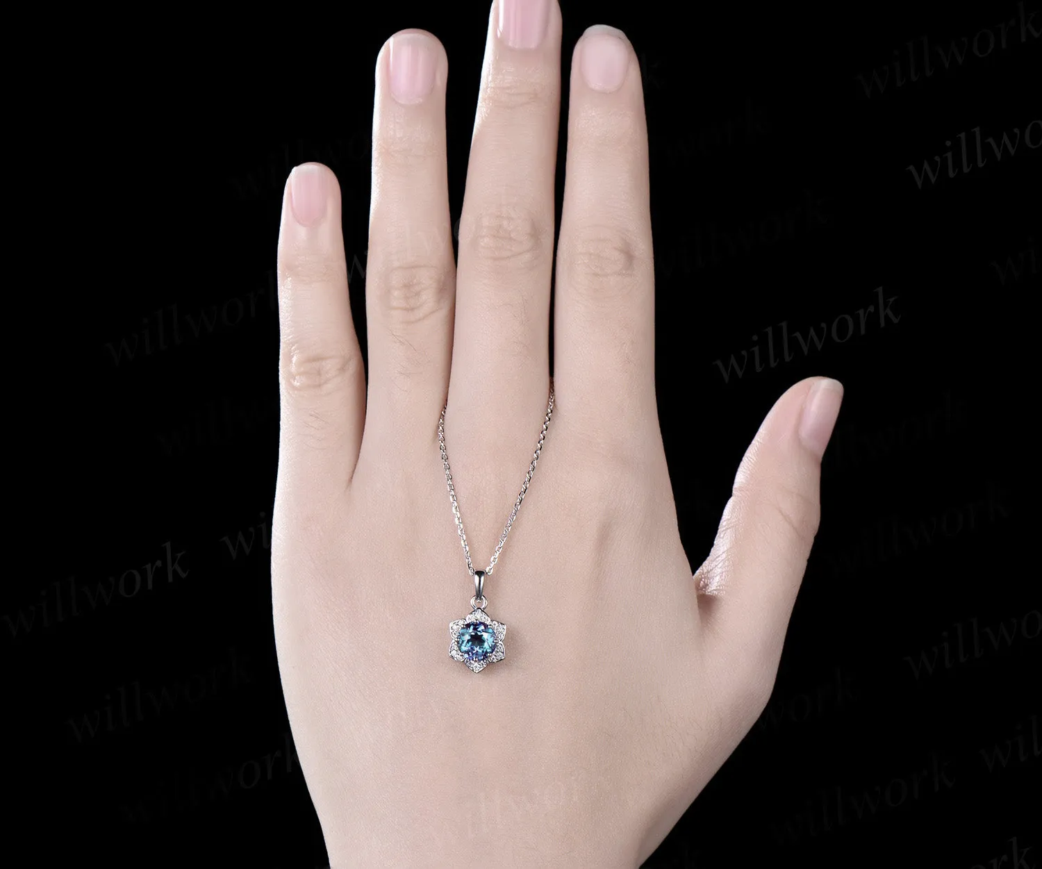 Floral round cut alexandrite necklace solid 14k white gold flower halo diamond pendant women June birthstone anniversary gift sold by Willwork Jewelry product image thumbnail 2