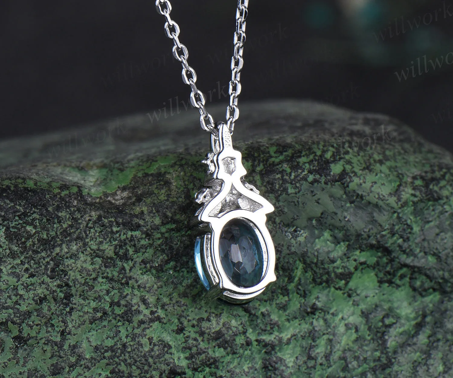 Vintage oval cut London blue topaz necklace 14k white gold Floral leaf diamond pendant women anniversary gift jewelry sold by Willwork Jewelry product image thumbnail 4