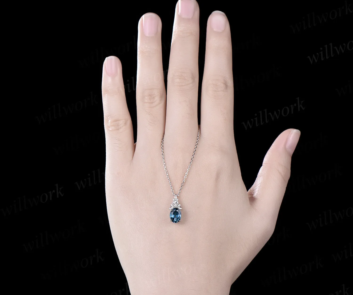 Vintage oval cut London blue topaz necklace 14k white gold Floral leaf diamond pendant women anniversary gift jewelry sold by Willwork Jewelry product image thumbnail 2