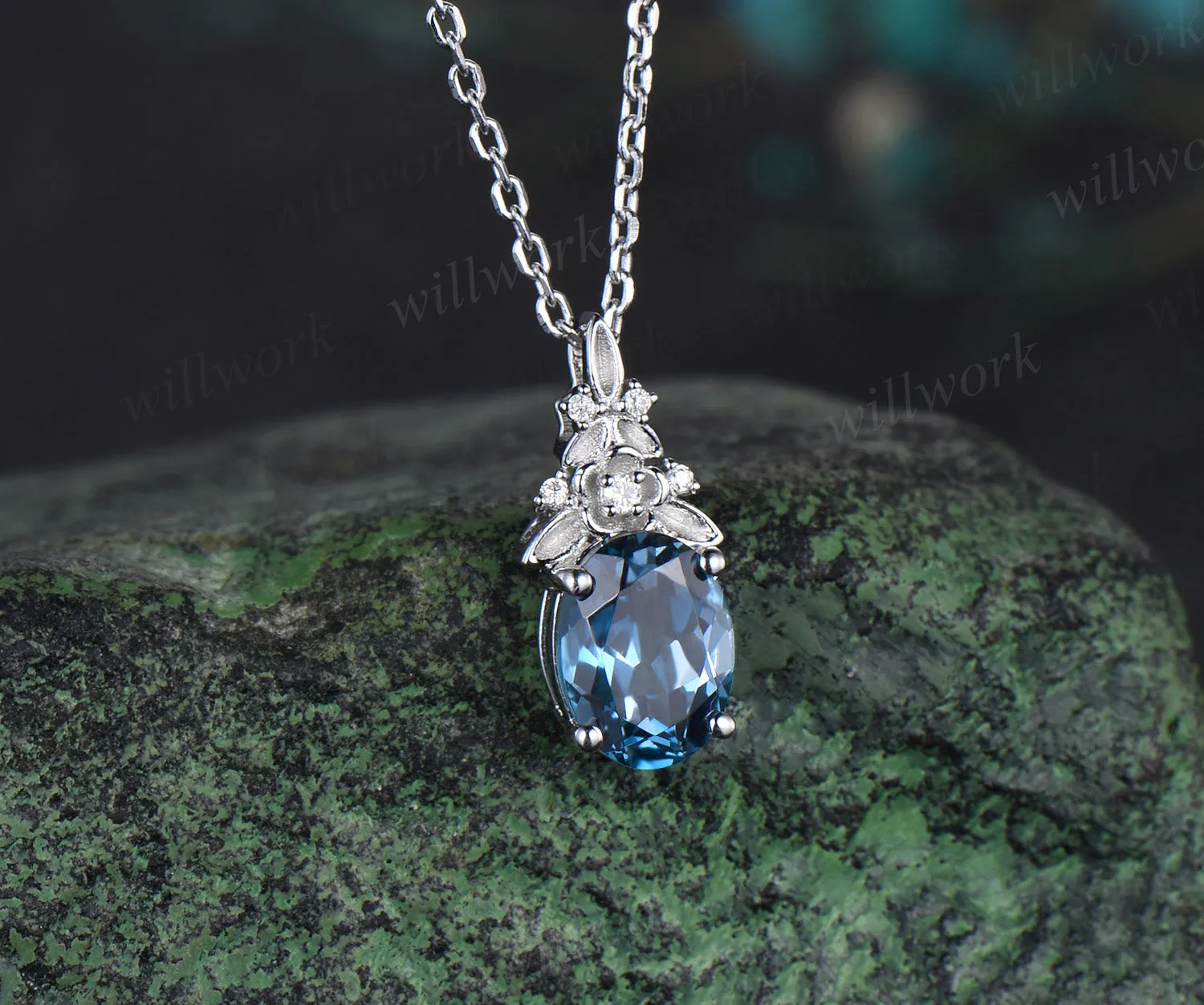 Vintage oval cut London blue topaz necklace 14k white gold Floral leaf diamond pendant women anniversary gift jewelry sold by Willwork Jewelry product image thumbnail 3