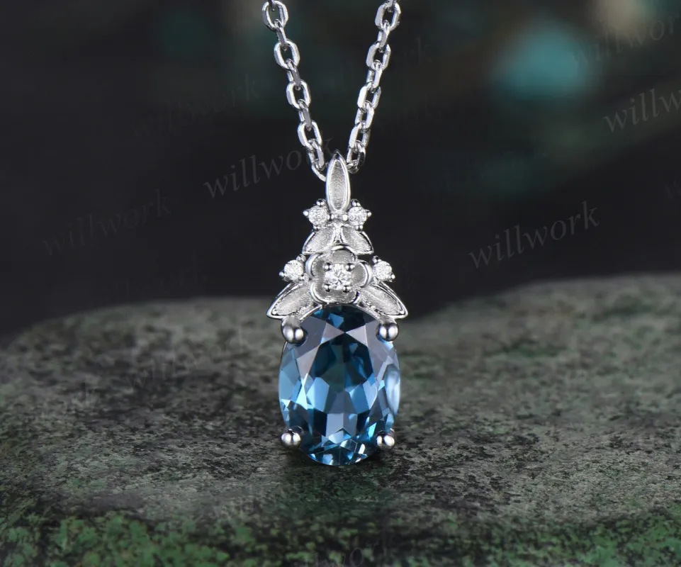Vintage oval cut London blue topaz necklace 14k white gold Floral leaf diamond pendant women anniversary gift jewelry sold by Willwork Jewelry