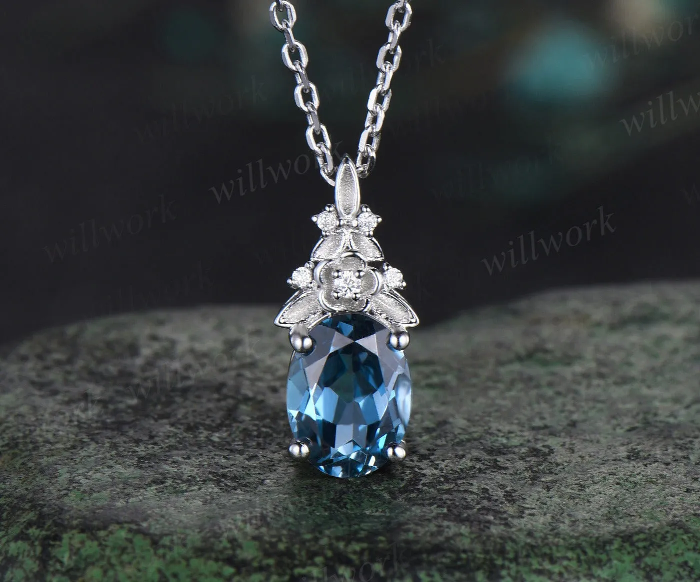 Vintage oval cut London blue topaz necklace 14k white gold Floral leaf diamond pendant women anniversary gift jewelry sold by Willwork Jewelry
