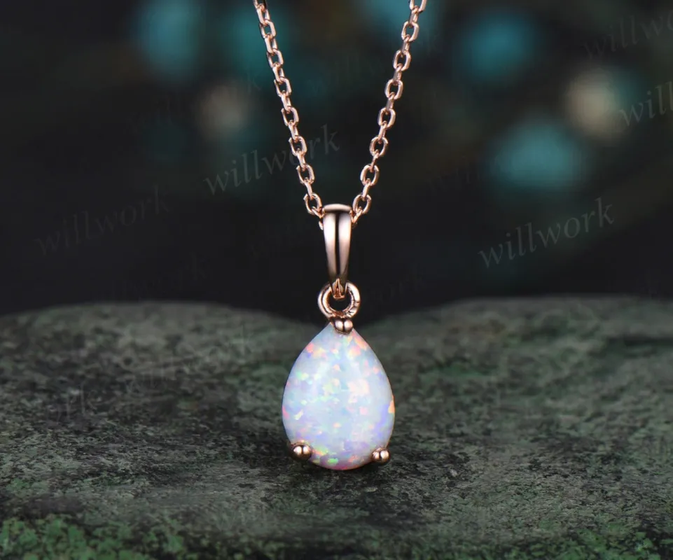 Pear shaped white opal necklace solid 14k rose gold Solitaire Teardrop opal pendant women anniversary gift sold by Willwork Jewelry