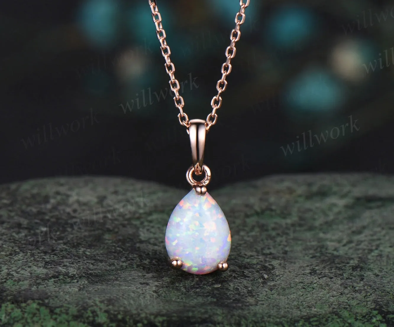 Pear shaped white opal necklace solid 14k rose gold Solitaire Teardrop opal pendant women anniversary gift sold by Willwork Jewelry