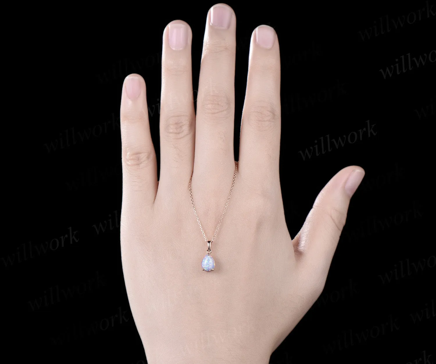 Pear shaped white opal necklace solid 14k rose gold Solitaire Teardrop opal pendant women anniversary gift sold by Willwork Jewelry product image thumbnail 2