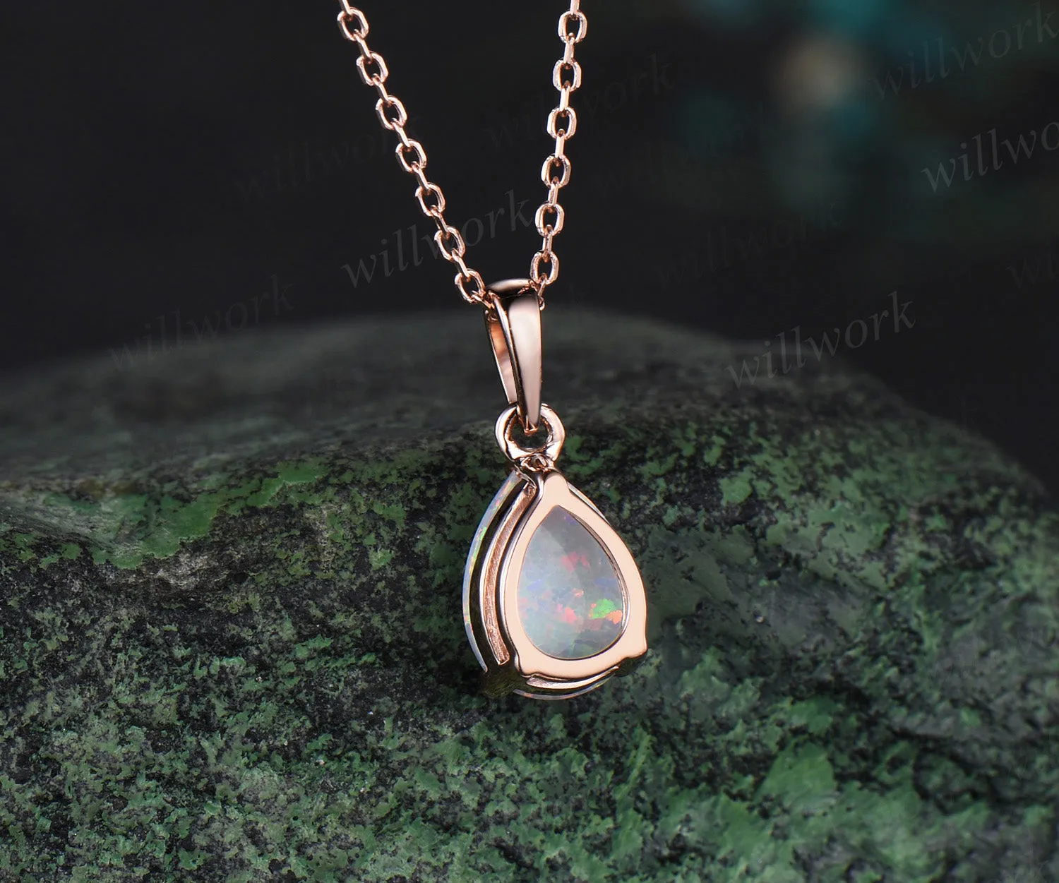 Pear shaped white opal necklace solid 14k rose gold Solitaire Teardrop opal pendant women anniversary gift sold by Willwork Jewelry product image thumbnail 4