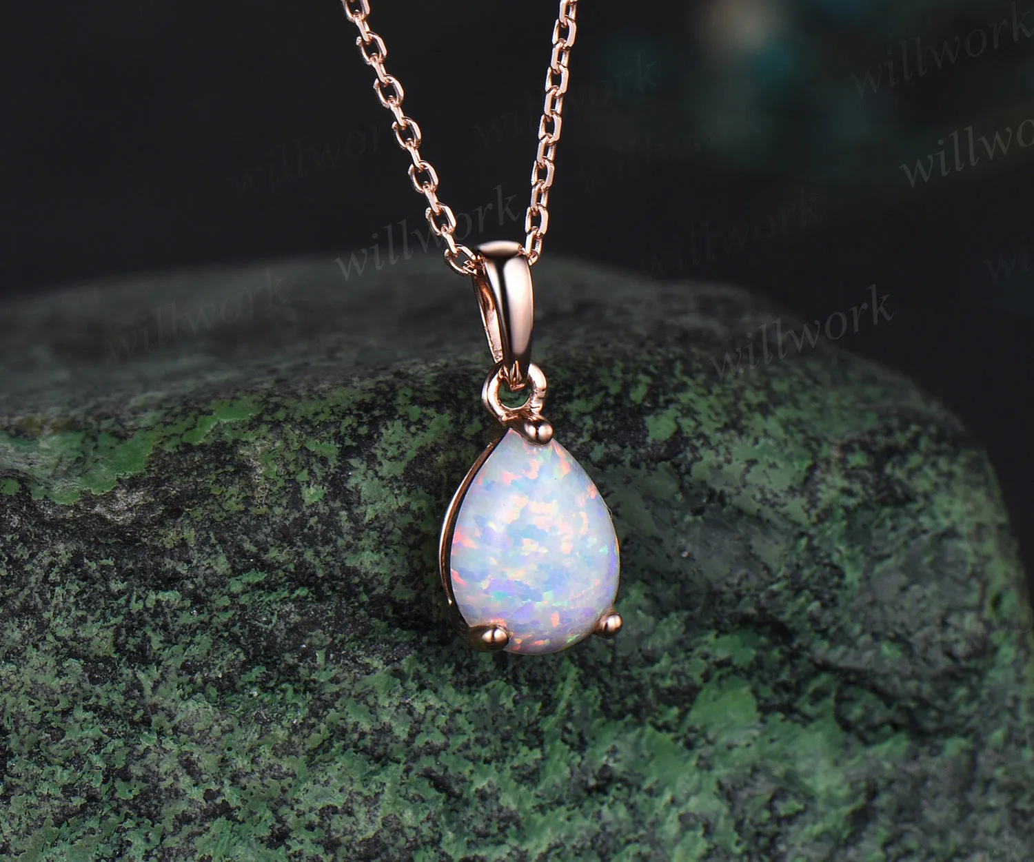 Pear shaped white opal necklace solid 14k rose gold Solitaire Teardrop opal pendant women anniversary gift sold by Willwork Jewelry product image thumbnail 3