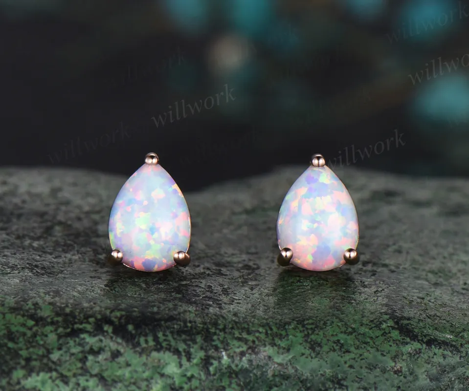 Pear shaped white opal earrings solid 14k rose gold Solitaire drop earrings women anniversary gift for her sold by Willwork Jewelry
