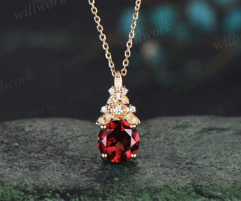 Vintage round cut red garnet necklace 14k yellow gold Floral leaf diamond pendant women anniversary gift jewelry sold by Willwork Jewelry