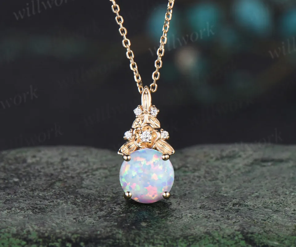 Vintage round white opal necklace 14k yellow gold Floral leaf diamond pendant women anniversary gift jewelry sold by Willwork Jewelry