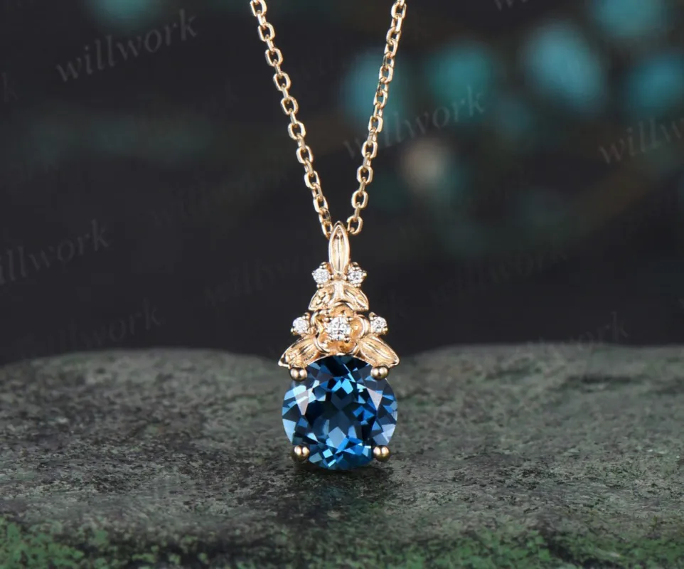 Vintage round cut London blue topaz necklace 14k yellow gold Floral leaf diamond pendant women anniversary gift jewelry sold by Willwork Jewelry