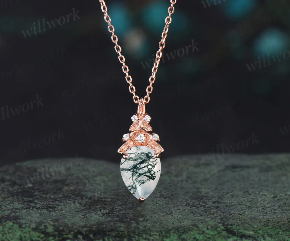 Vintage pear moss agate necklace 14k rose gold Floral leaf diamond pendant women anniversary gift jewelry sold by Willwork Jewelry
