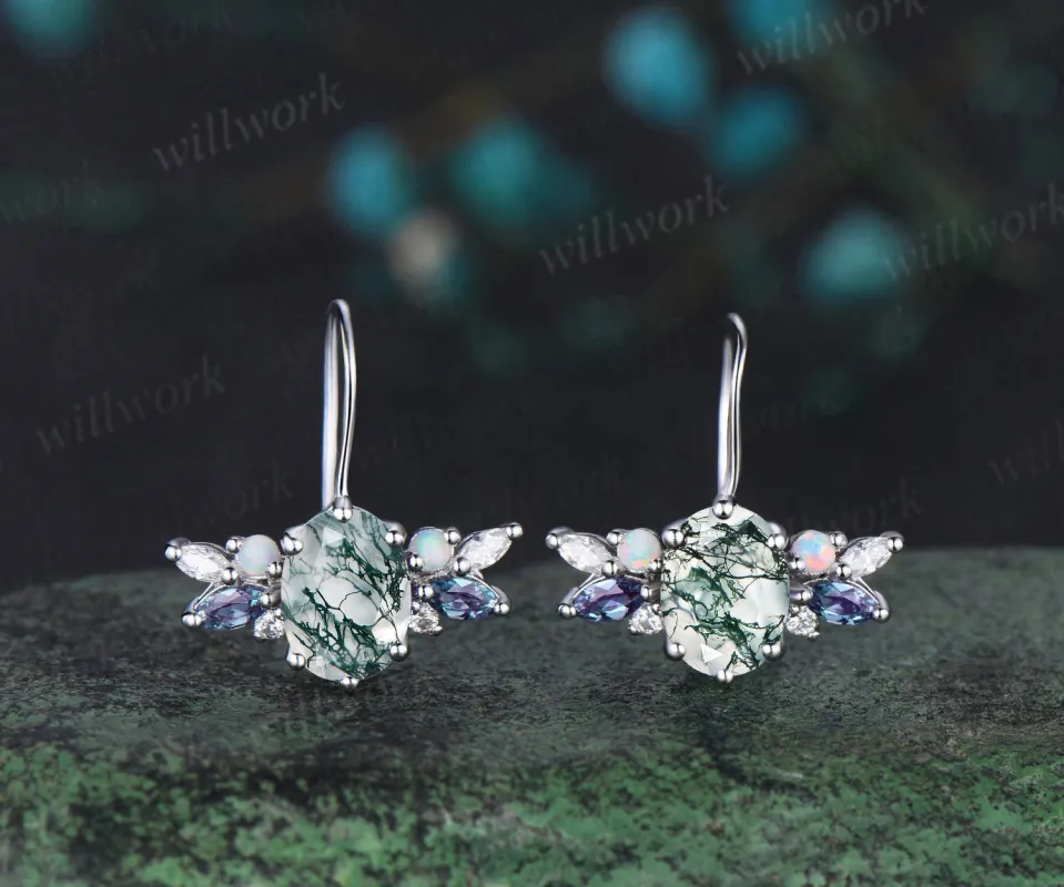 Oval cut moss agate Stud Earrings white gold cluster alexandrite opal moissanite Earrings women anniversary gifts sold by Willwork Jewelry