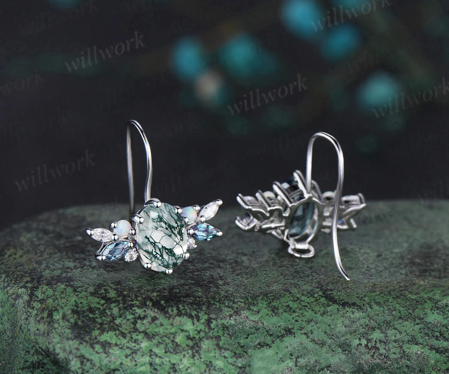 Oval cut moss agate Stud Earrings white gold cluster alexandrite opal moissanite Earrings women anniversary gifts sold by Willwork Jewelry product image thumbnail 4