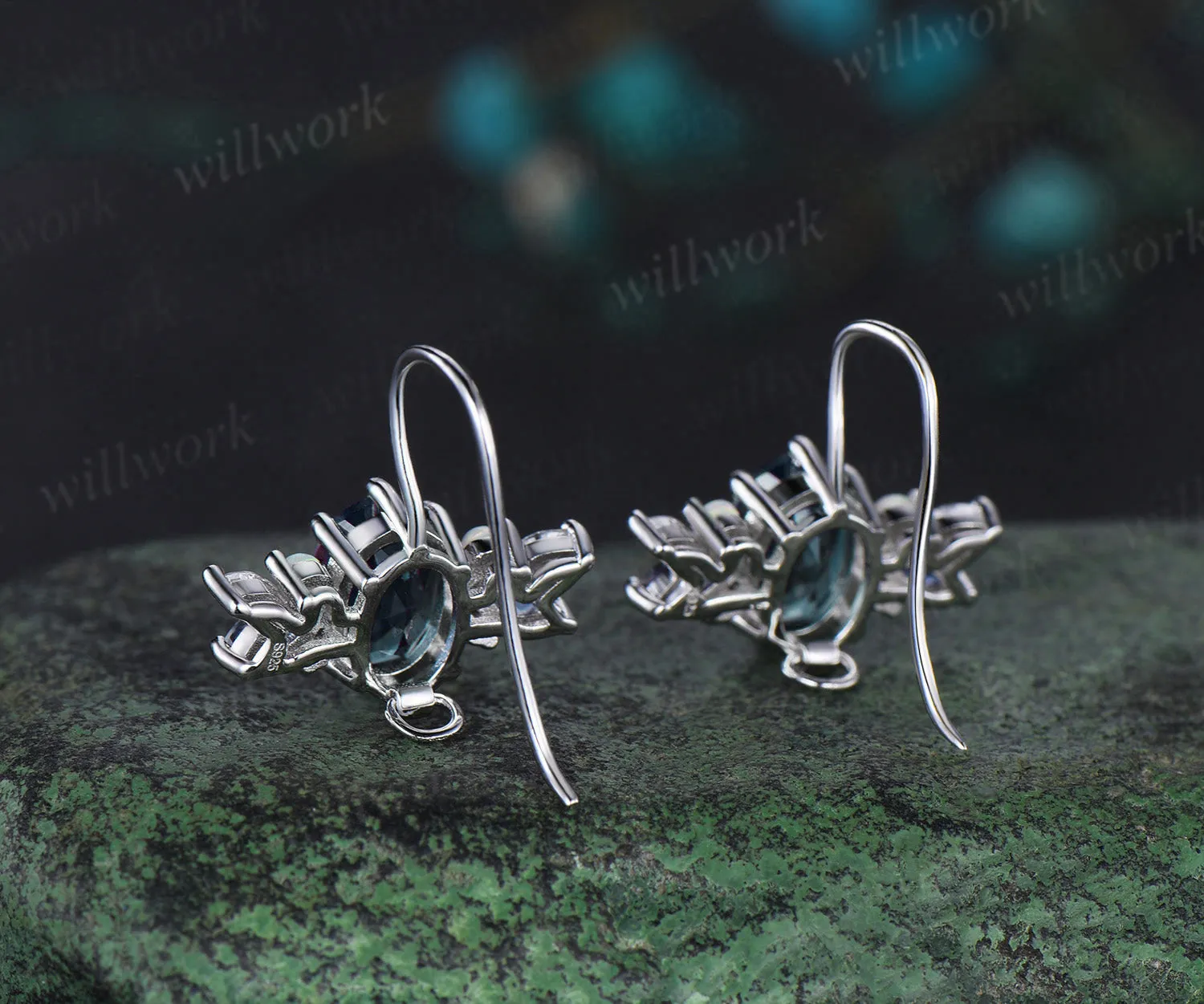 Oval cut moss agate Stud Earrings white gold cluster alexandrite opal moissanite Earrings women anniversary gifts sold by Willwork Jewelry product image thumbnail 5