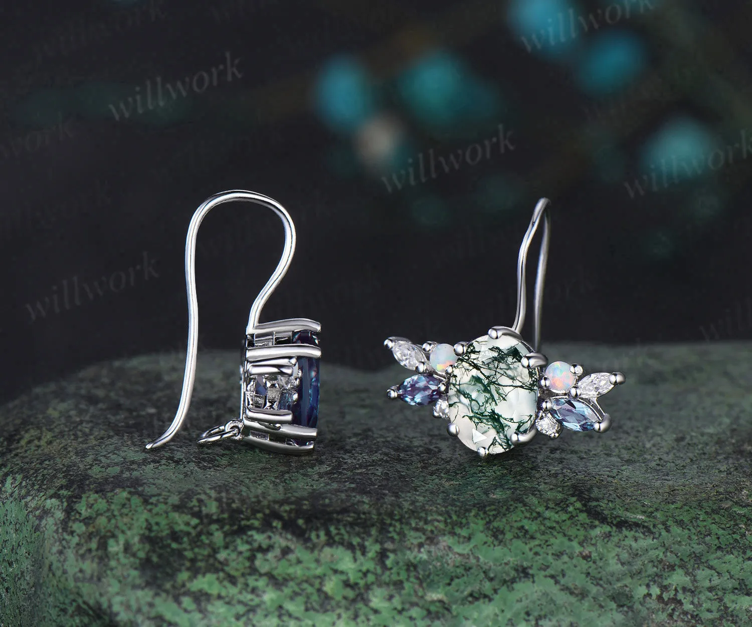 Oval cut moss agate Stud Earrings white gold cluster alexandrite opal moissanite Earrings women anniversary gifts sold by Willwork Jewelry product image thumbnail 3