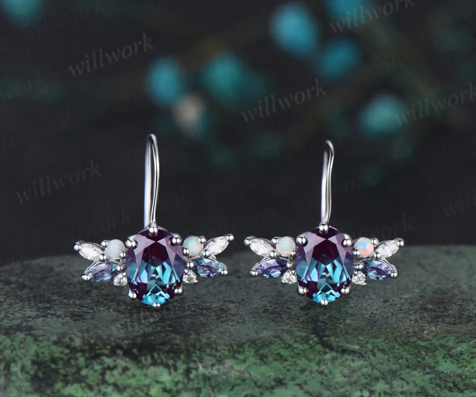 Oval cut alexandrite Stud Earrings white gold cluster opal moissanite Earrings women anniversary gifts sold by Willwork Jewelry
