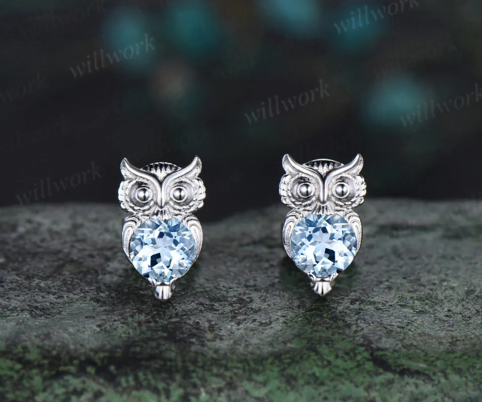 Owl round cut aquamarine Stud Earrings white gold Hypoallergenic Earrings Animal Inspired Gemstone Jewelry sold by Willwork Jewelry