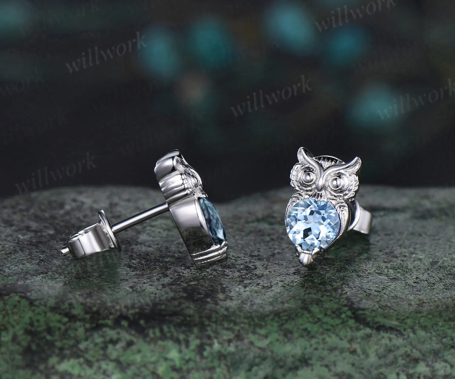 Owl round cut aquamarine Stud Earrings white gold Hypoallergenic Earrings Animal Inspired Gemstone Jewelry sold by Willwork Jewelry product image thumbnail 3