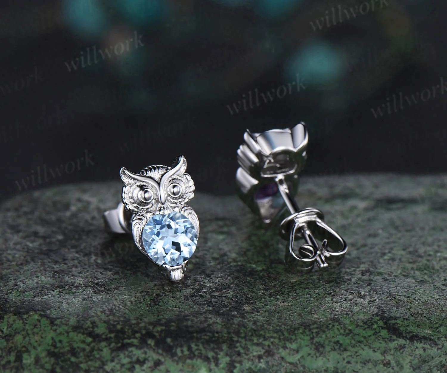 Owl round cut aquamarine Stud Earrings white gold Hypoallergenic Earrings Animal Inspired Gemstone Jewelry sold by Willwork Jewelry product image thumbnail 4