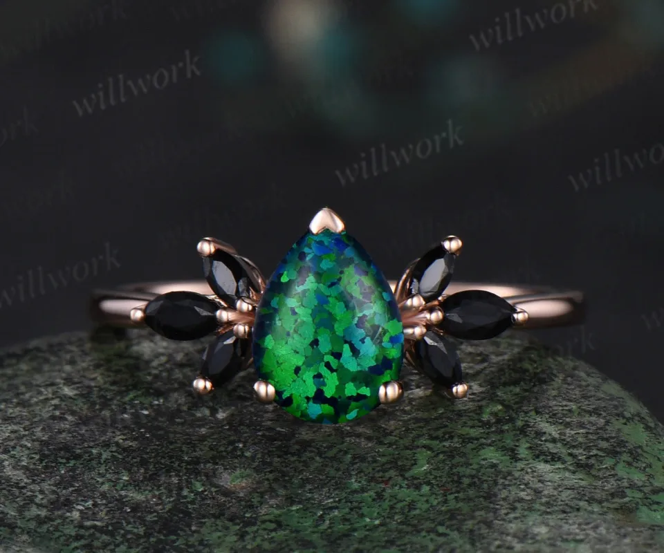 Pear shaped black opal engagement ring rose gold cluster marquise black spinel ring women sold by Willwork Jewelry