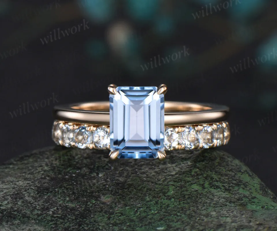 Emerald cut natural aquamarine engagement ring 14k yellow gold under halo diamond ring women wedding band sold by Willwork Jewelry