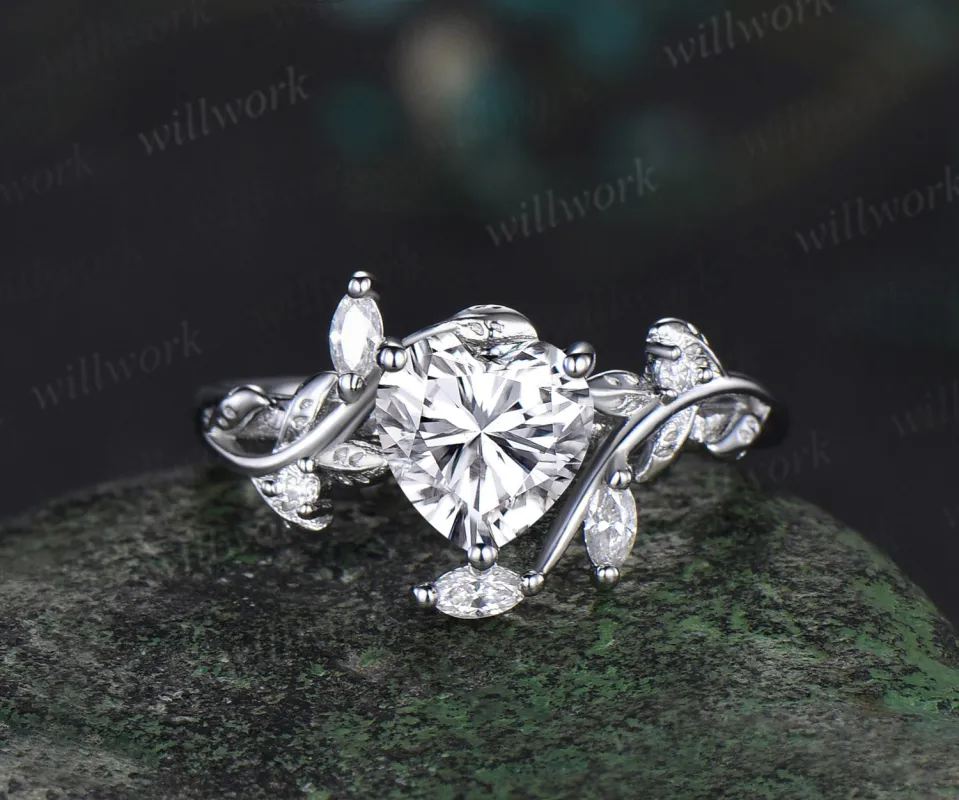Vintage heart moissanite engagement ring white gold twig leaf Nature inspired marquise diamond anniversary ring women gift sold by Willwork Jewelry