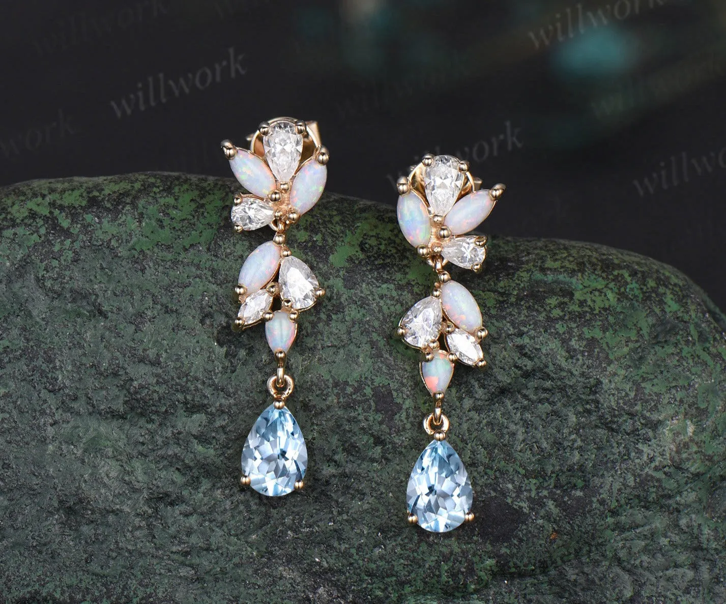 Pear natural aquamarine earrings solid 14k yellow gold cluster diamond opal drop earrings women jewelry anniversary gift for her sold by Willwork Jewelry