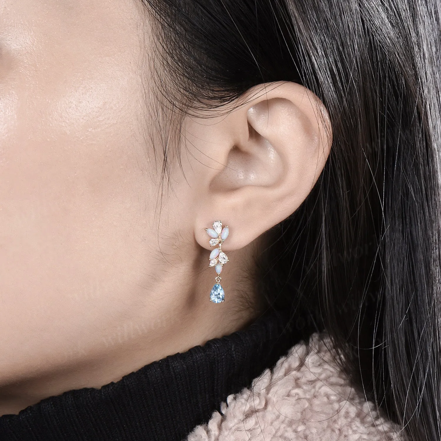 Pear natural aquamarine earrings solid 14k yellow gold cluster diamond opal drop earrings women jewelry anniversary gift for her sold by Willwork Jewelry product image thumbnail 2