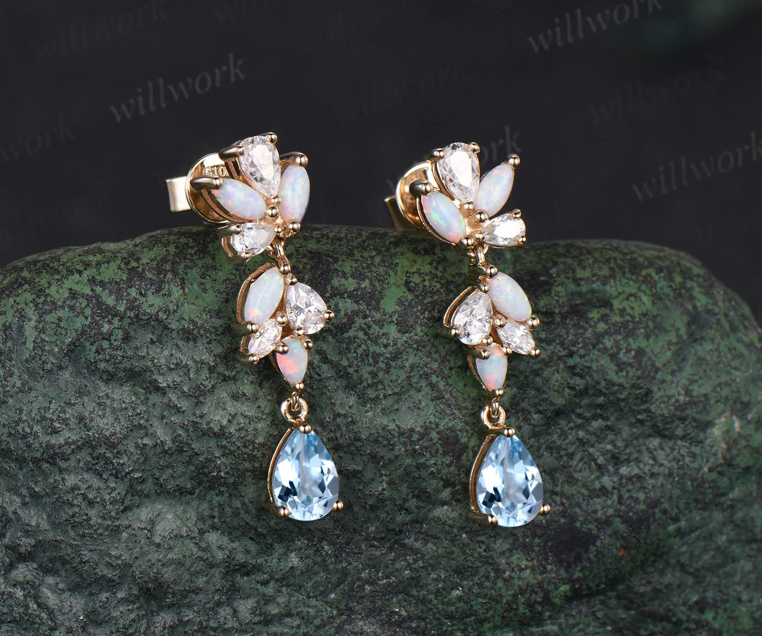 Pear natural aquamarine earrings solid 14k yellow gold cluster diamond opal drop earrings women jewelry anniversary gift for her sold by Willwork Jewelry product image thumbnail 3