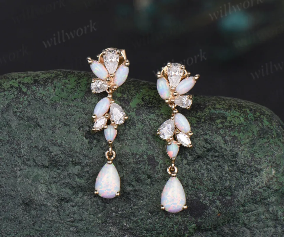 Pear opal earrings solid 14k yellow gold cluster diamond opal drop earrings women jewelry anniversary gift for her sold by Willwork Jewelry